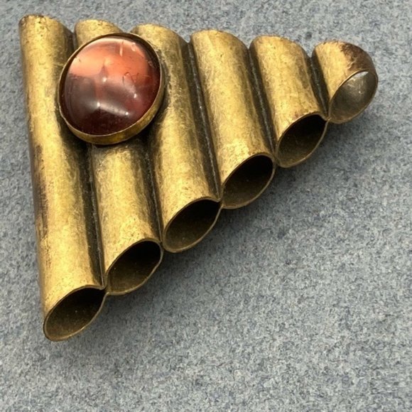 Brass Pin Brooch Tubes Triangle Red Oval Rhinestone 80s Retro MCM Vintage Granny - Picture 2 of 6